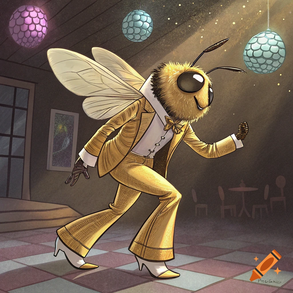 A cartoon bee wearing a gold 1970s disco suit and white platform shoes dances under glowing disco balls.