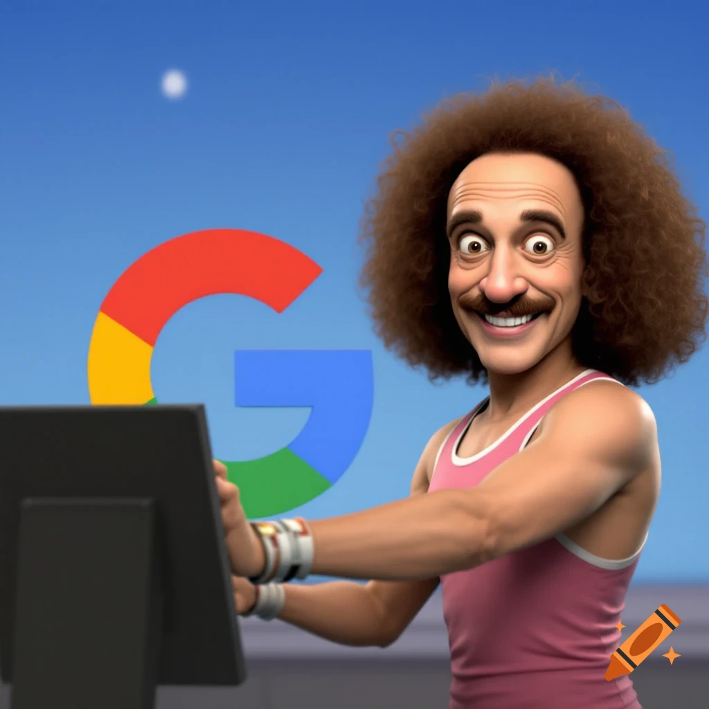 Cartoonish Richard Simmons lookalike exercising in front of the colorful Google G logo.