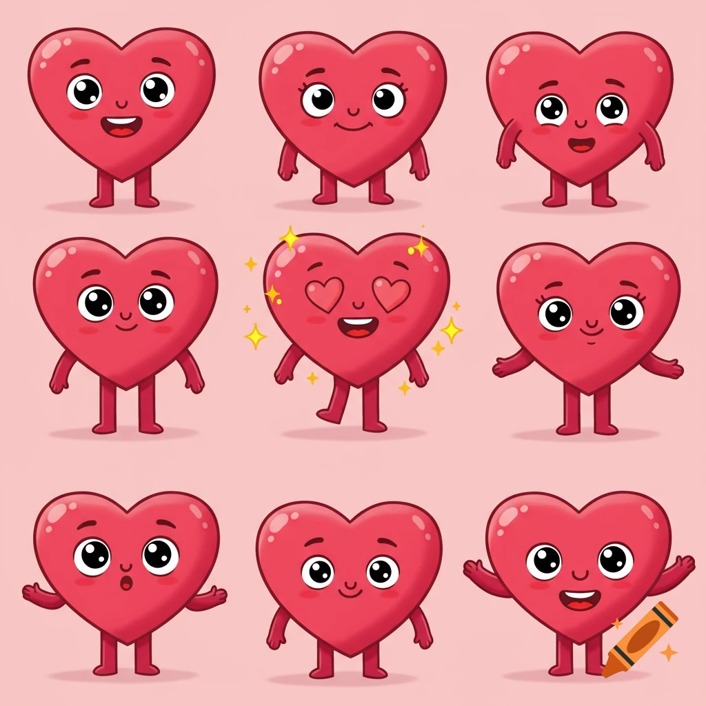 Nine cute red cartoon hearts with arms and legs, showing various happy and loving emotions on a light pink background.