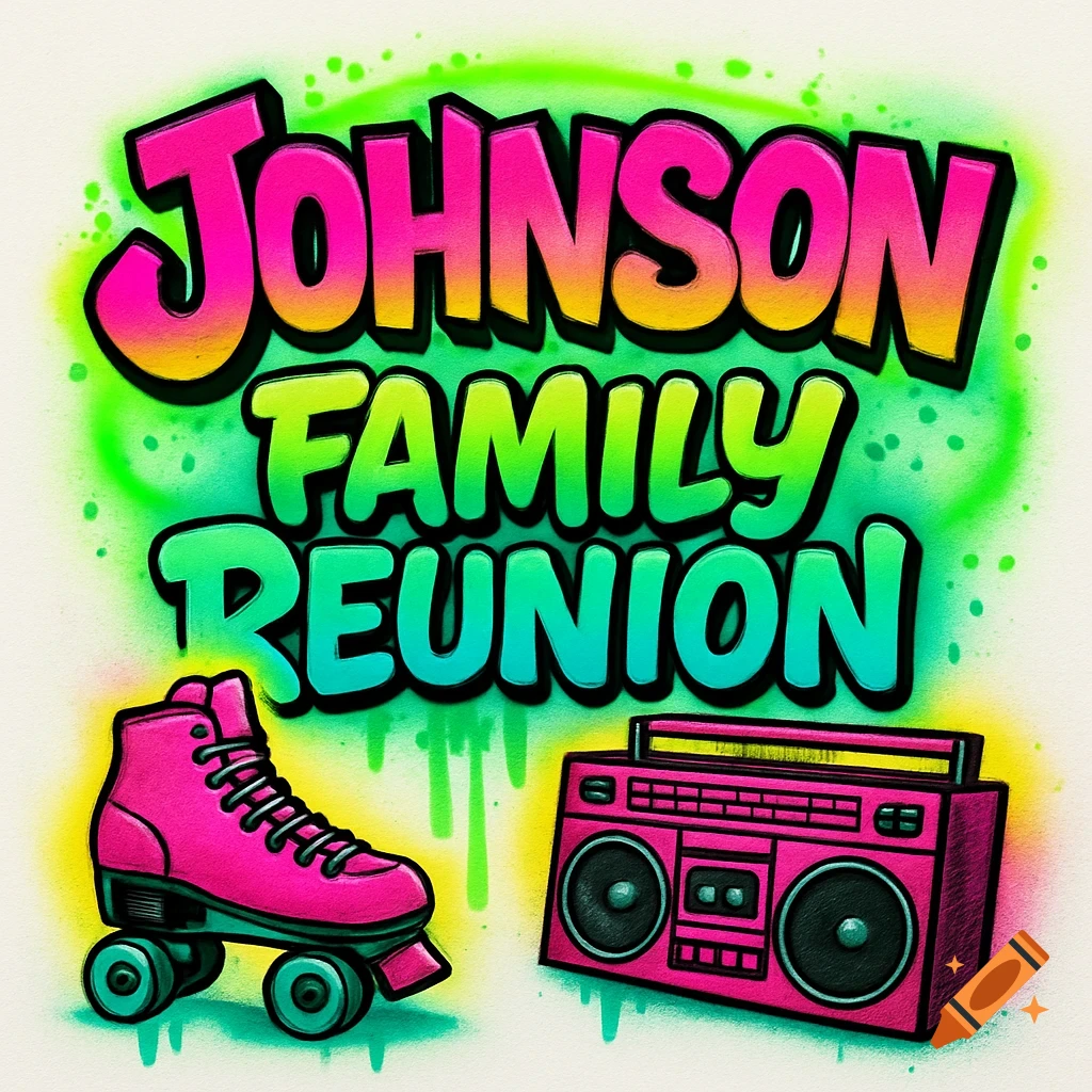 Airbrush design for 'Johnson Family Reunion' in bold, colorful letters with a pink roller skate and boombox.