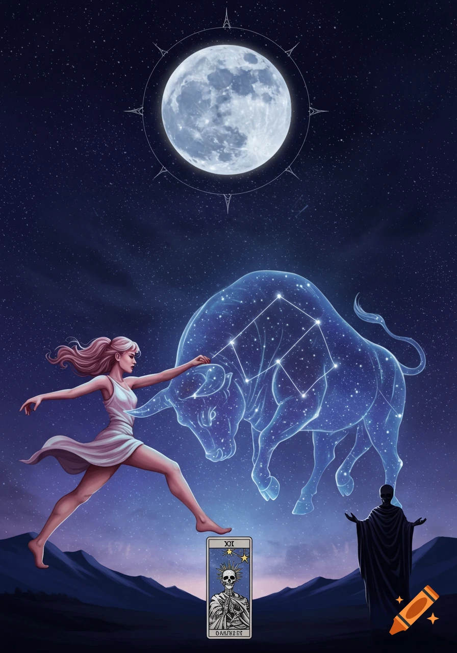 A woman reaching towards a glowing bull constellation under a full moon in a starry night sky, with a tarot card below.