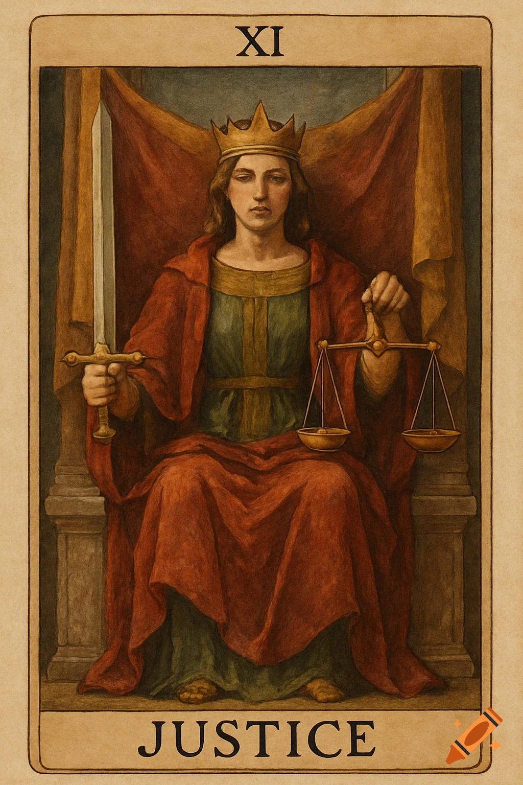 A tarot card illustration of Justice, a regal figure wearing a crown and red robe, holding a sword and scales, seated on a throne. Text 'XI' and 'JUSTICE'.