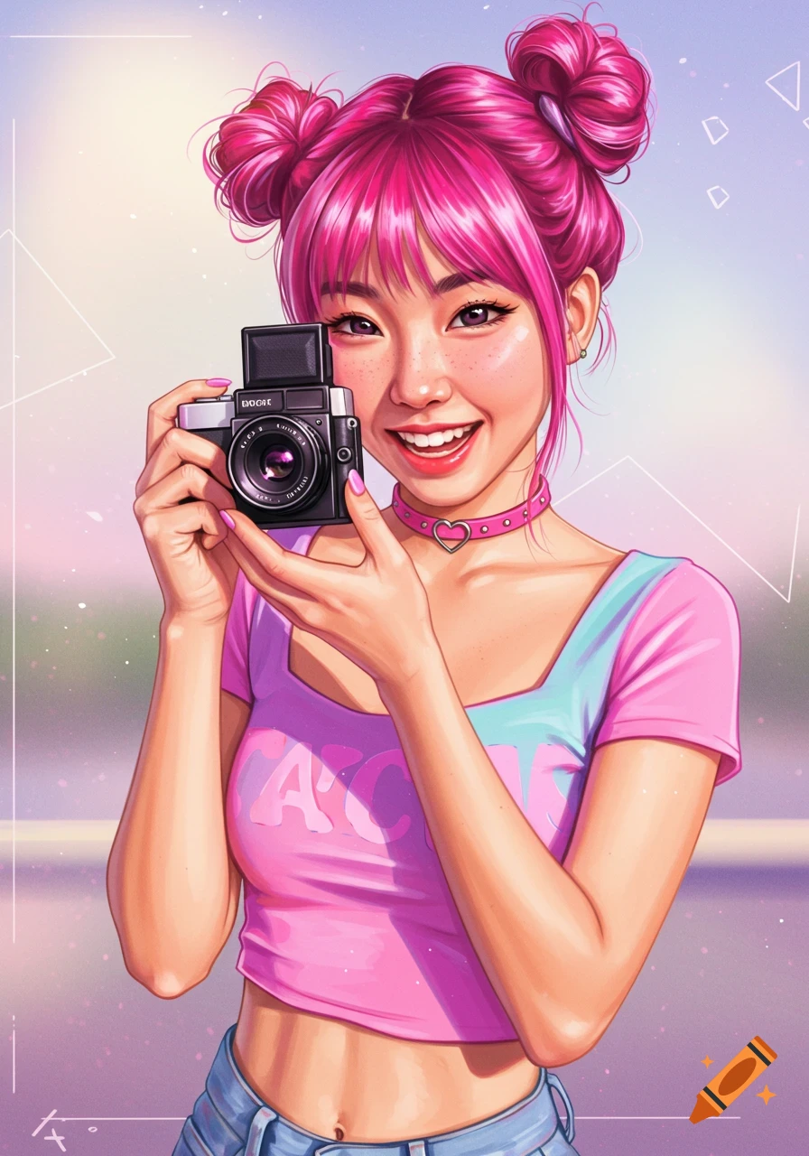A vibrant digital art portrait of a smiling young woman with bright pink hair, holding a camera, in a Y2K and lo-fi art style.