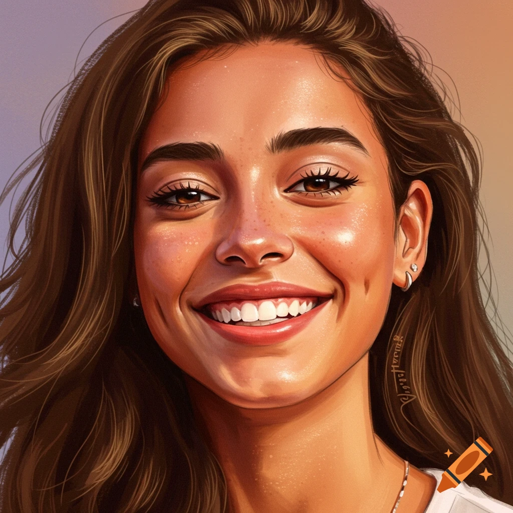Close-up stylized portrait of a smiling woman with brown hair and freckles.