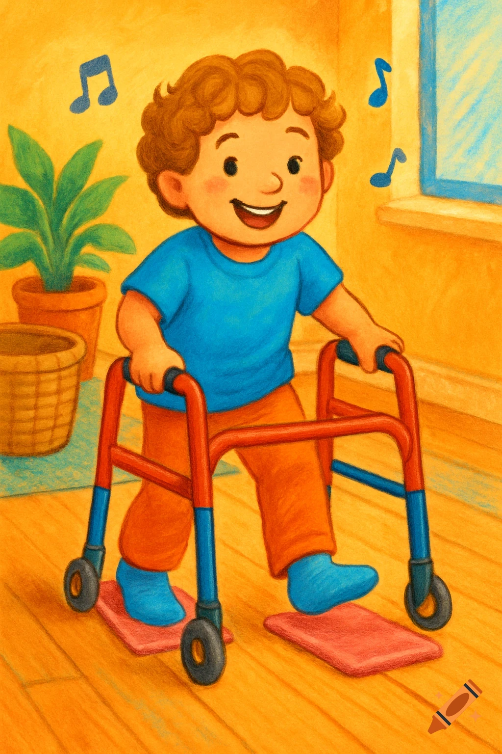 A happy child with a walker doing an exercise indoors, surrounded by music notes in a colorful illustration.
