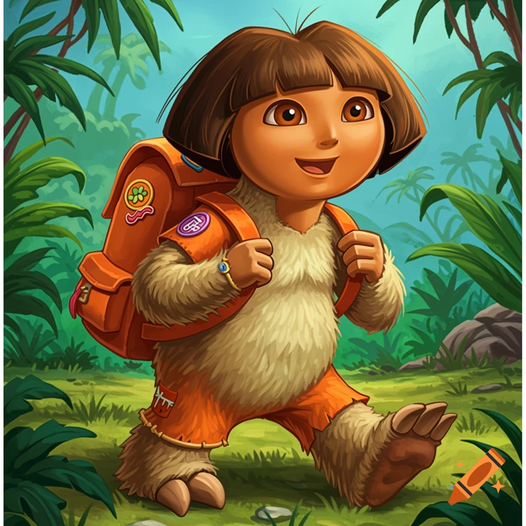 Cartoon character with Dora the Explorer's head and backpack on a furry, sloth-like body walking through a lush jungle.