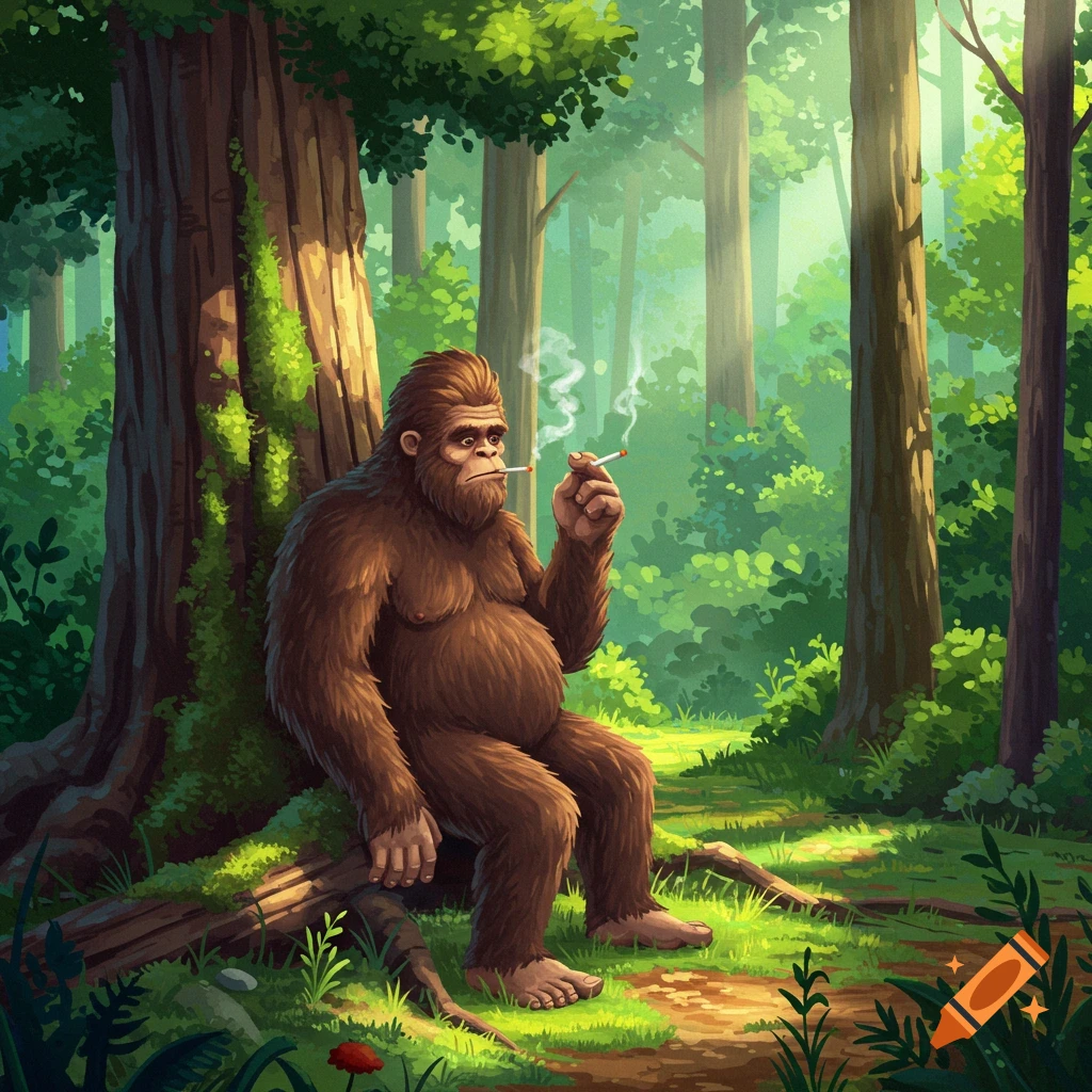 Illustrated Bigfoot sitting in a sunny forest, leaning against a tree and smoking a cigarette.