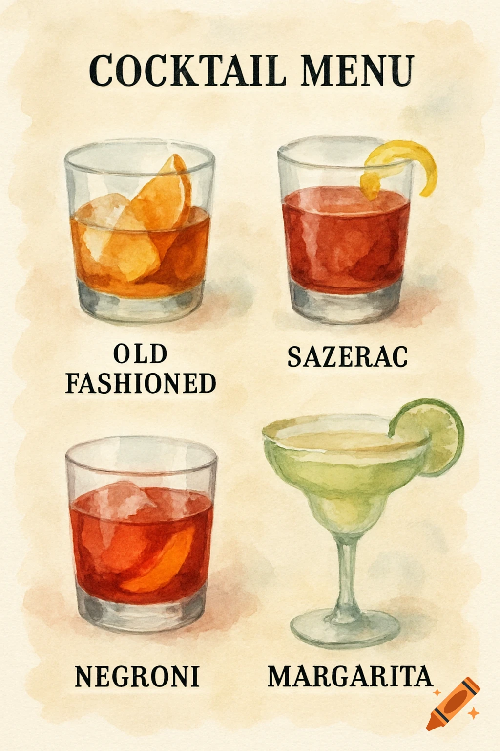 A watercolor style cocktail menu featuring four drinks: Old Fashioned, Sazerac, Negroni, and Margarita.
