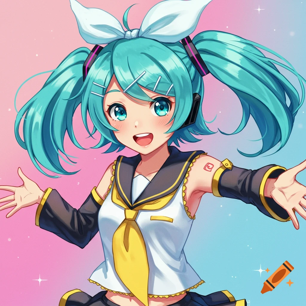 Anime girl with teal twin-tails, a white bow, and a sailor-style uniform, smiling and reaching out, against a pink and blue background.