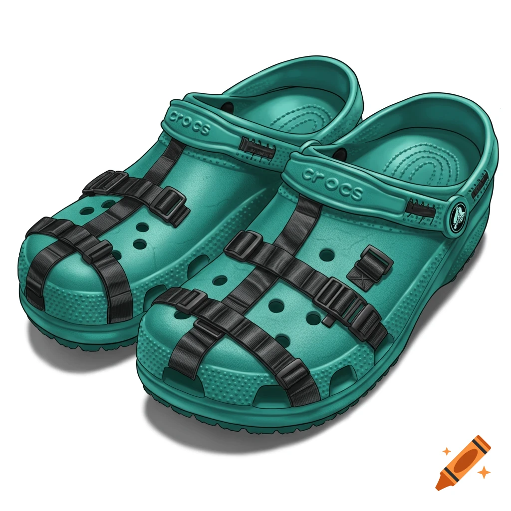 A pair of teal Crocs clogs with black tactical-style MOLLE webbing straps and buckles.