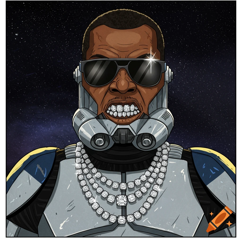 Cartoon of a person in a Star Wars Clone Trooper helmet, sunglasses, diamond chains, and diamond grillz in space.