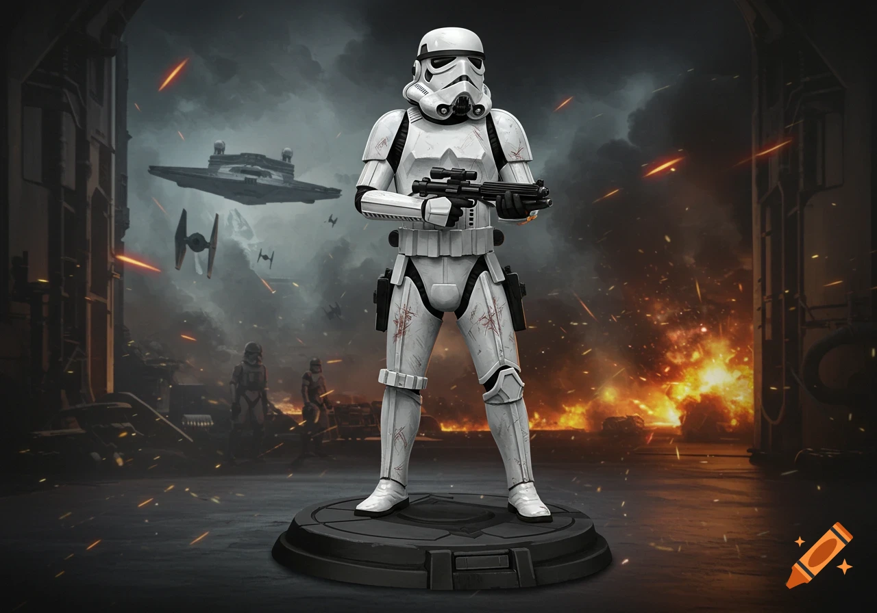 A detailed Stormtrooper figurine stands on a base, holding a blaster, with a burning sci-fi battlefield and spaceships in the background.