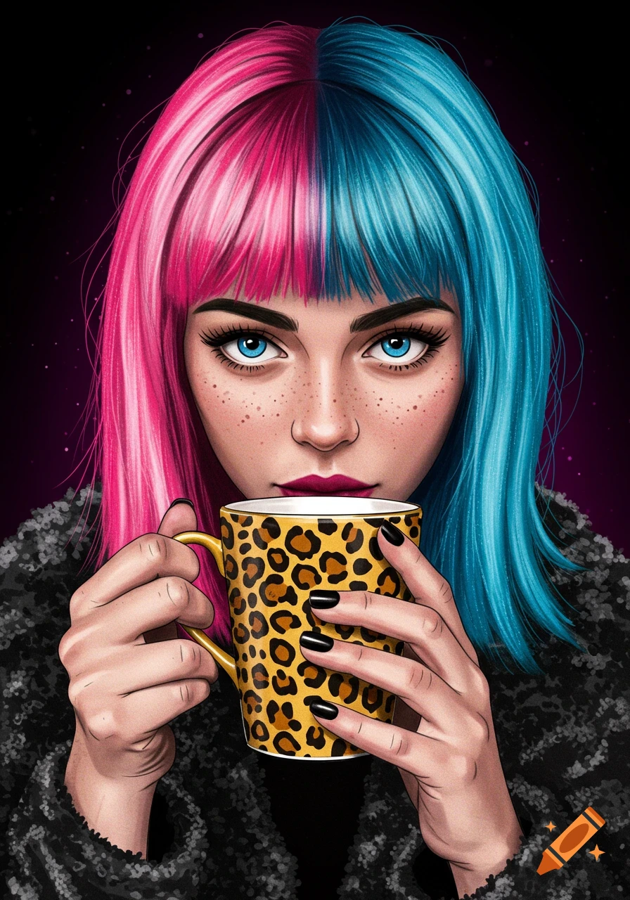 Stylized portrait of a woman with half pink and half blue hair holding a leopard print coffee mug.