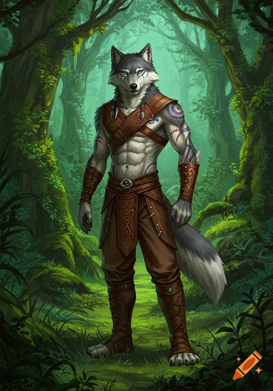 An anthropomorphic wolf warrior with grey fur and blue eyes, wearing brown leather armor, stands in a lush green forest.