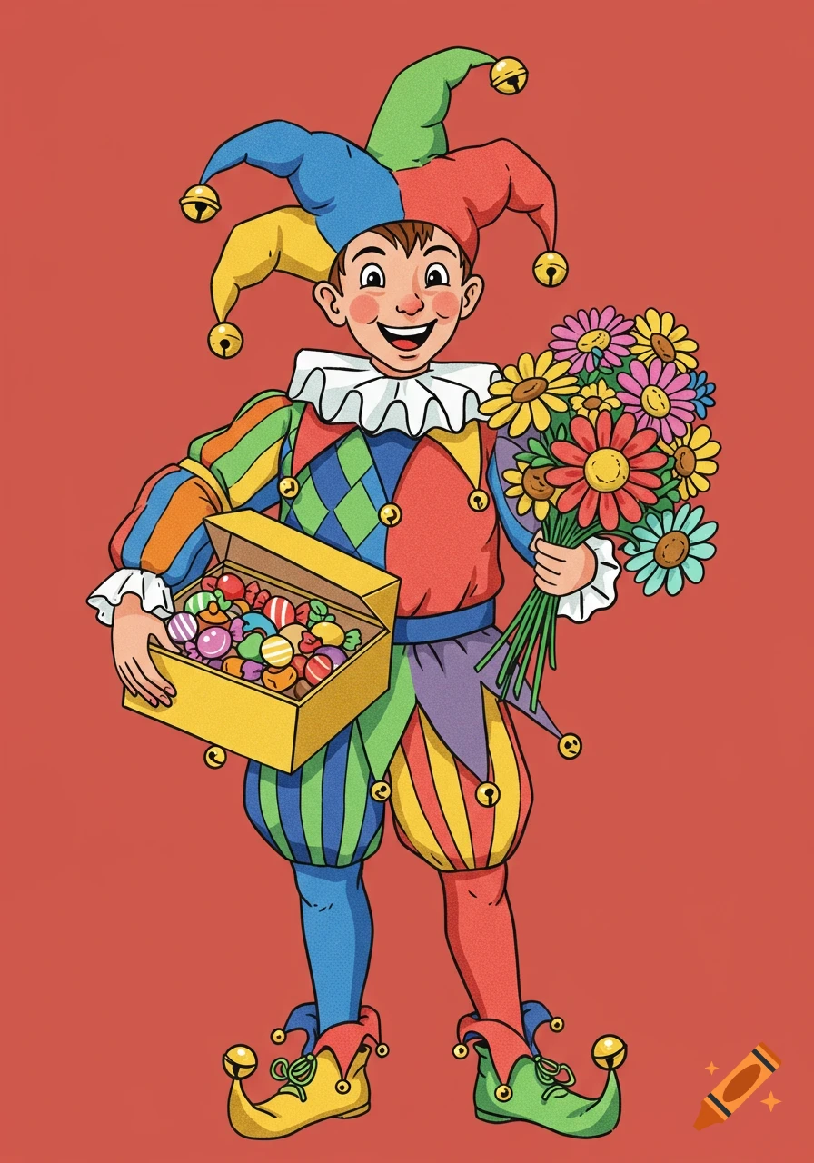A smiling jester in a colorful harlequin outfit holds a box of candy and a bouquet of flowers in a cartoon style.