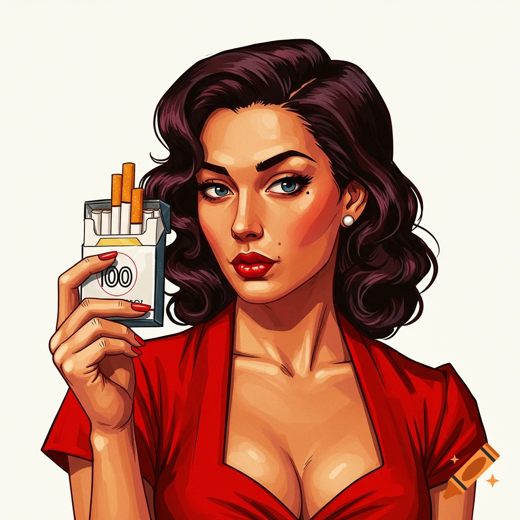 Cartoon woman with dark hair and red lipstick, wearing a red top, holding a pack of '100' cigarettes.