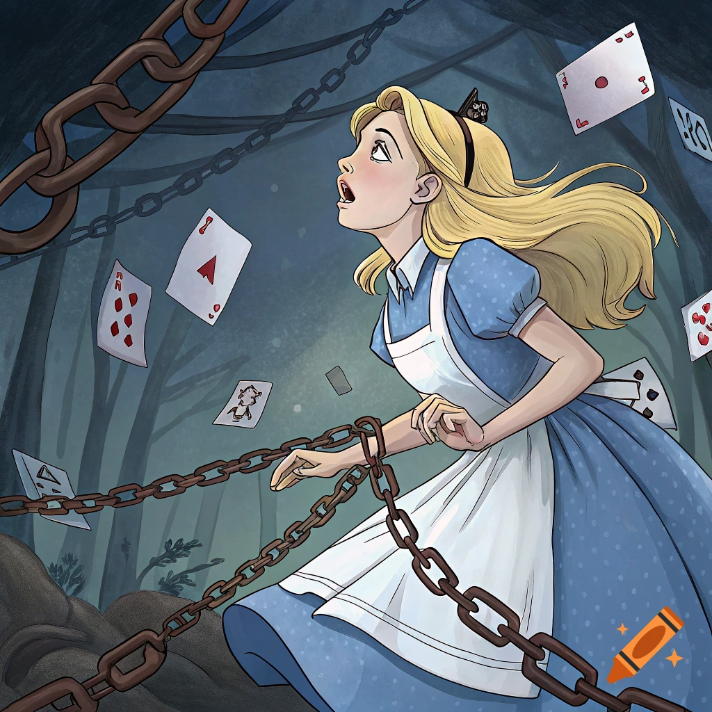Alice in Wonderland looks up in a dark, chain-filled forest as playing cards float around her in an illustration.