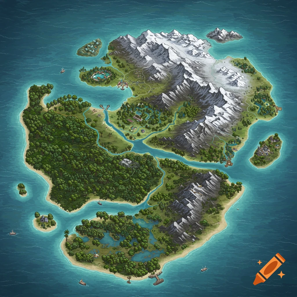 An overhead, stylized map of a large island with snowy mountains, dense forests, sandy beaches, rivers, and small settlements along its coast.