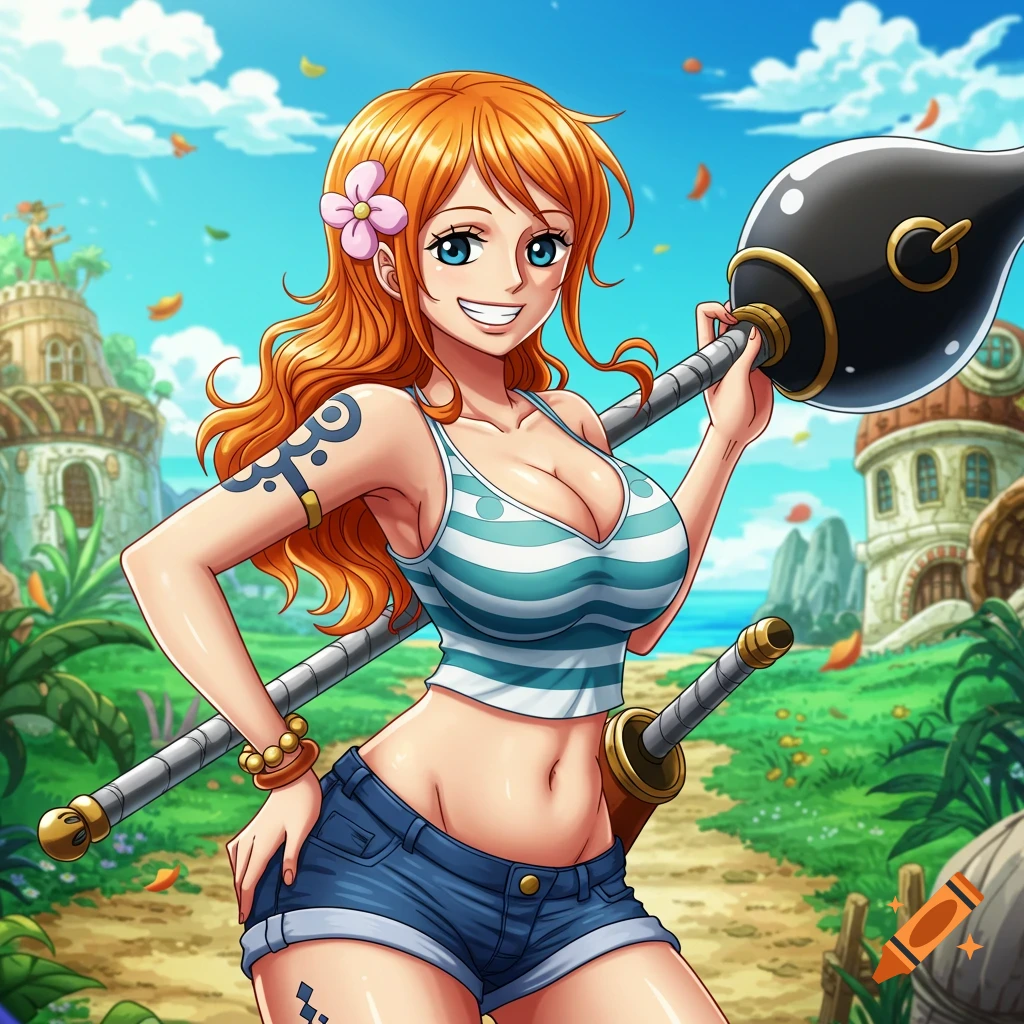 Nami from One Piece, an anime character with orange hair, blue eyes, and a flowery top, holding a staff on a sunny island.