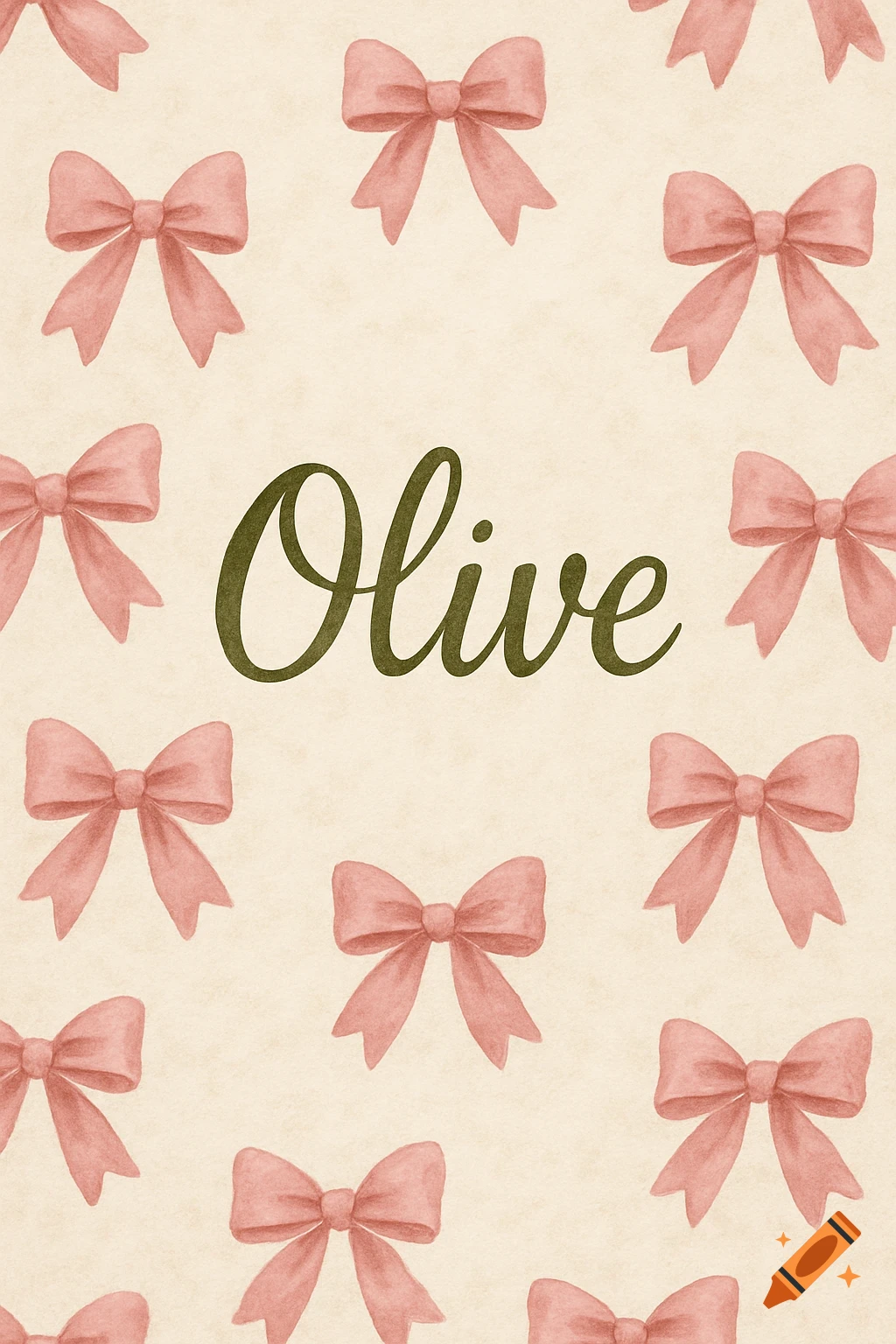 A light beige patterned background with repeating pink watercolor bows and the name 'Olive' in dark green cursive in the center.