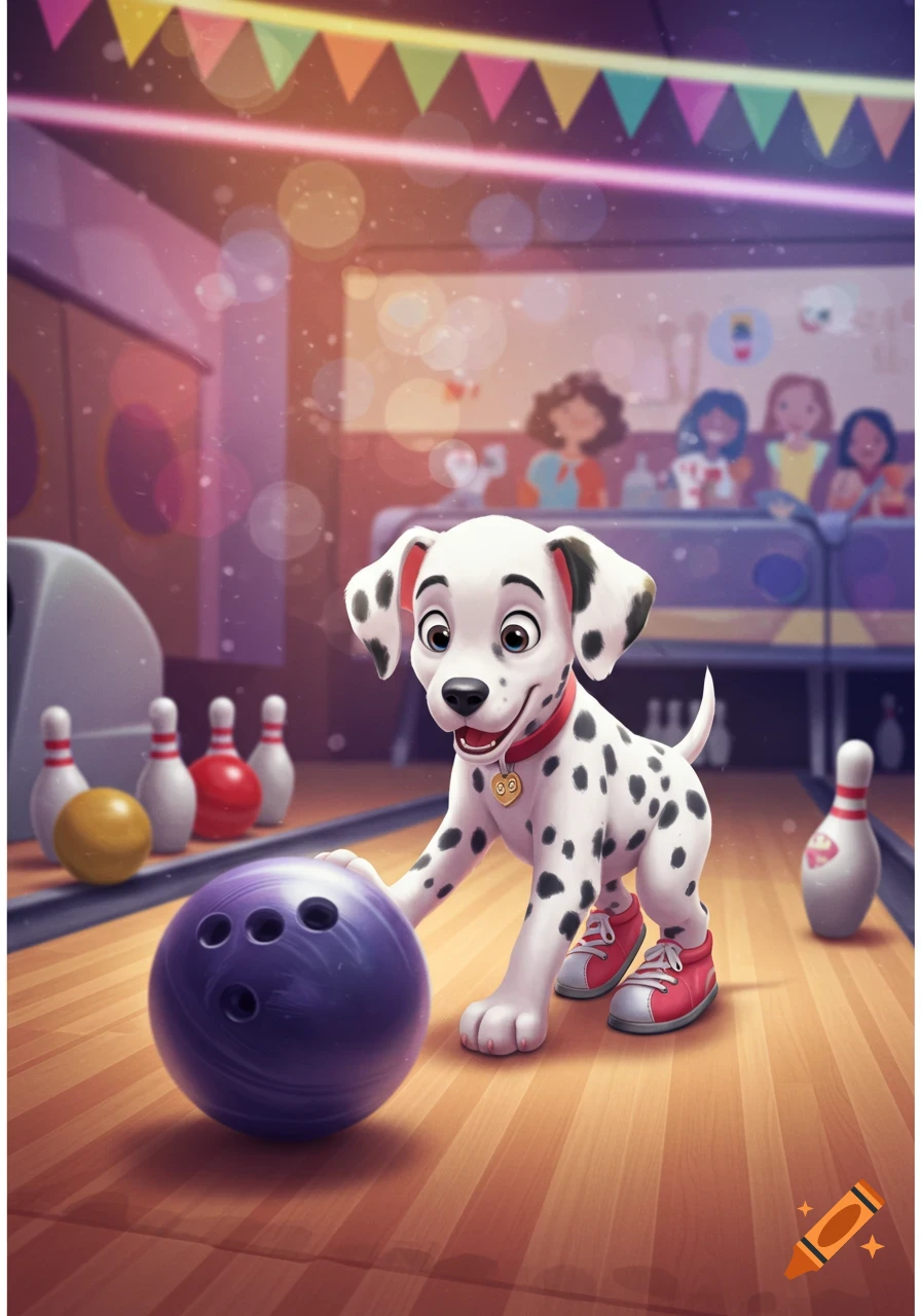 A cute cartoon Dalmatian puppy with a red collar pushes a purple bowling ball down a lane in a colorful bowling alley.