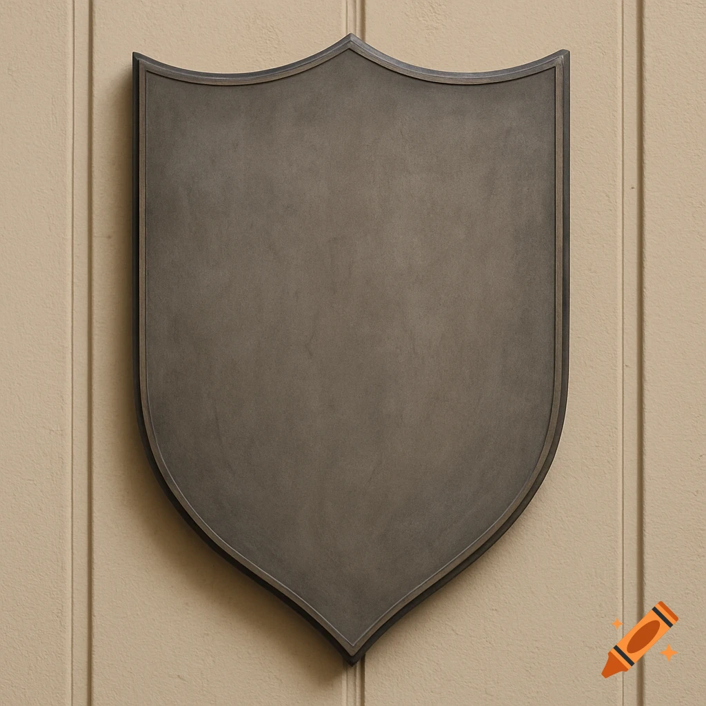 A blank, dark gray shield-shaped plaque with a raised border, mounted on a light beige paneled wall.