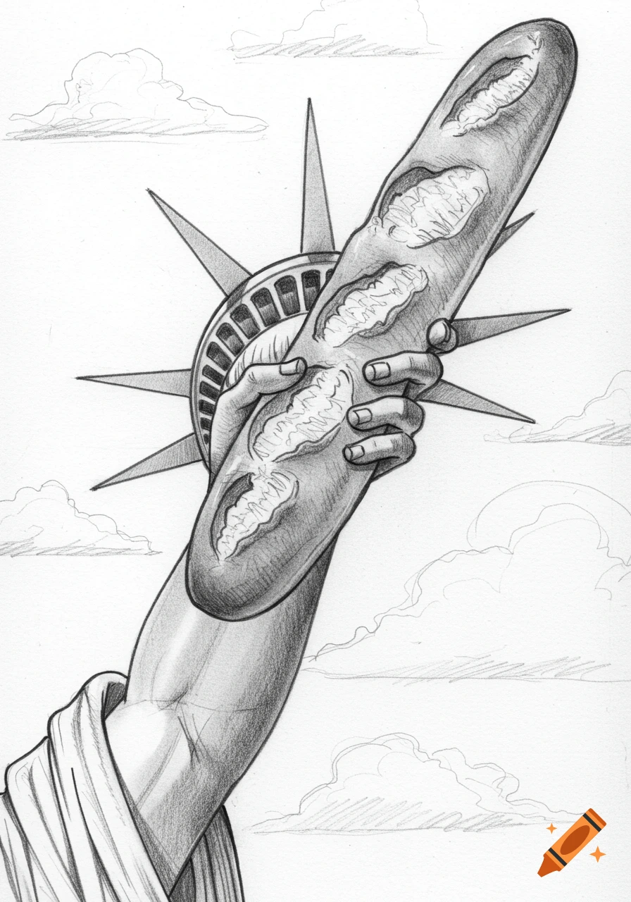 A detailed pencil drawing of the arm of the Statue of Liberty holding a large French baguette instead of a torch.