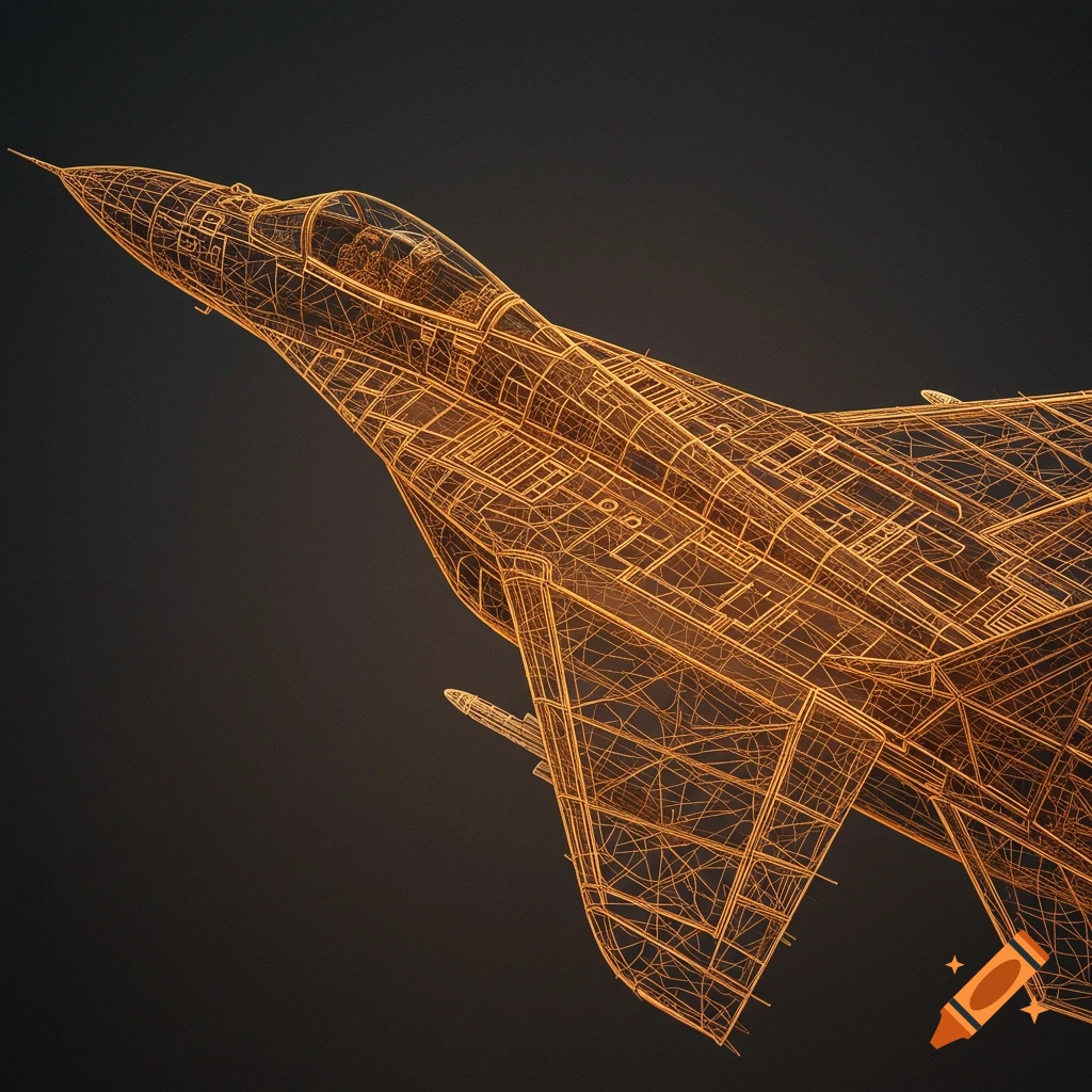 Orangish-gold wiremesh rendering of a MiG-29 fighter jet on a dark background.
