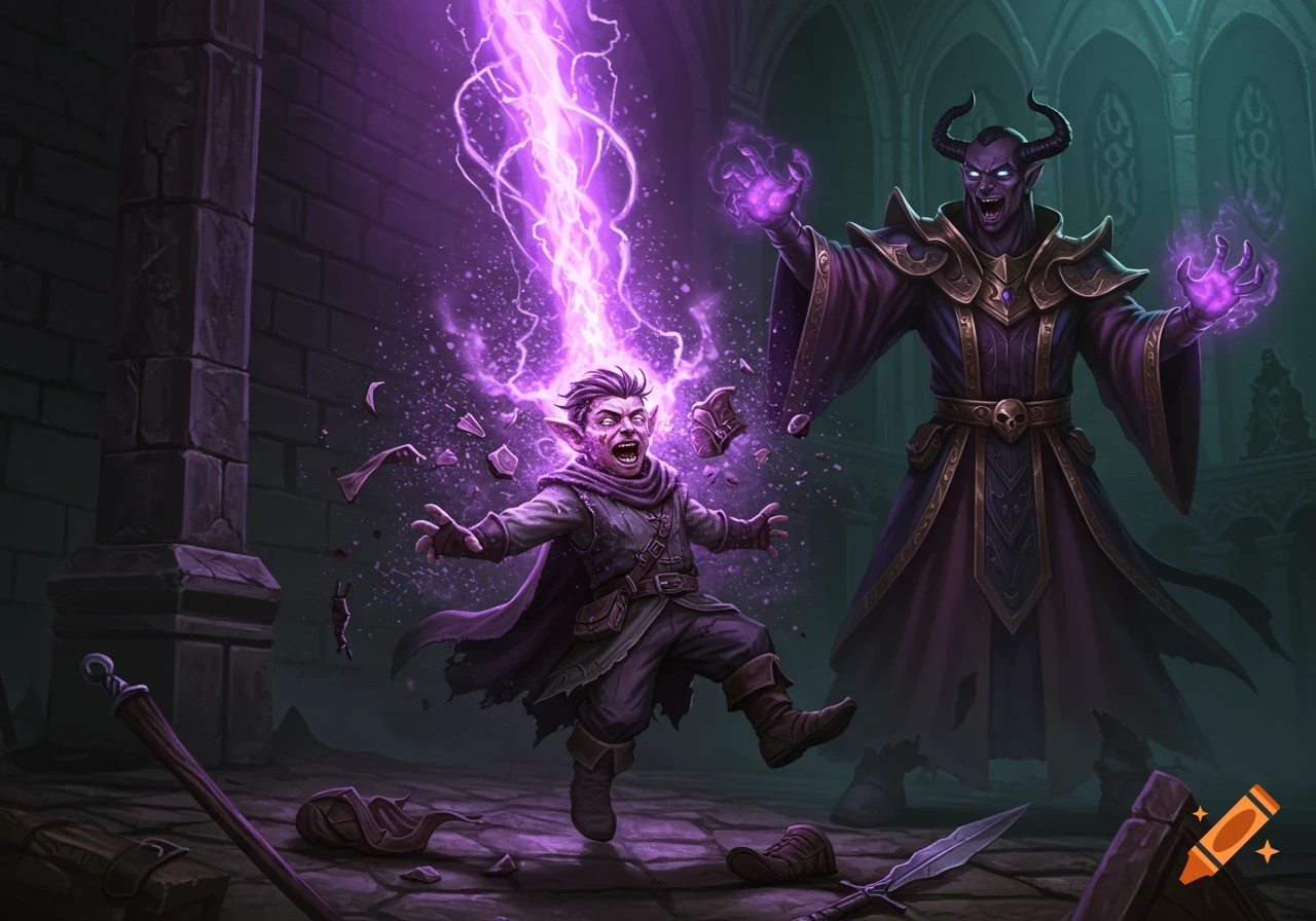 An evil mage casts a powerful purple spell disintegrating a terrified halfling in a dark fantasy dungeon.