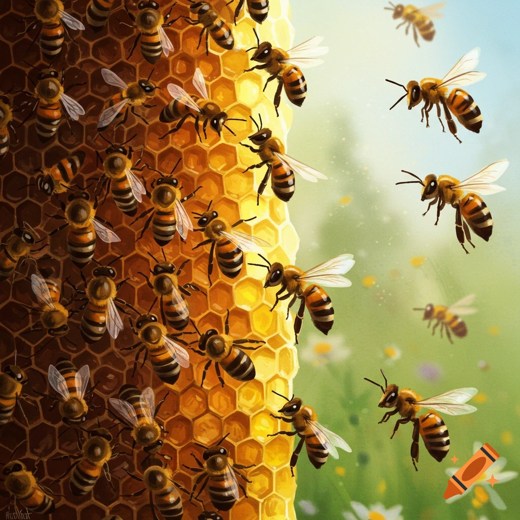 A detailed illustration of honeybees on a golden honeycomb, with several bees flying in the background against a bright, blurry field.
