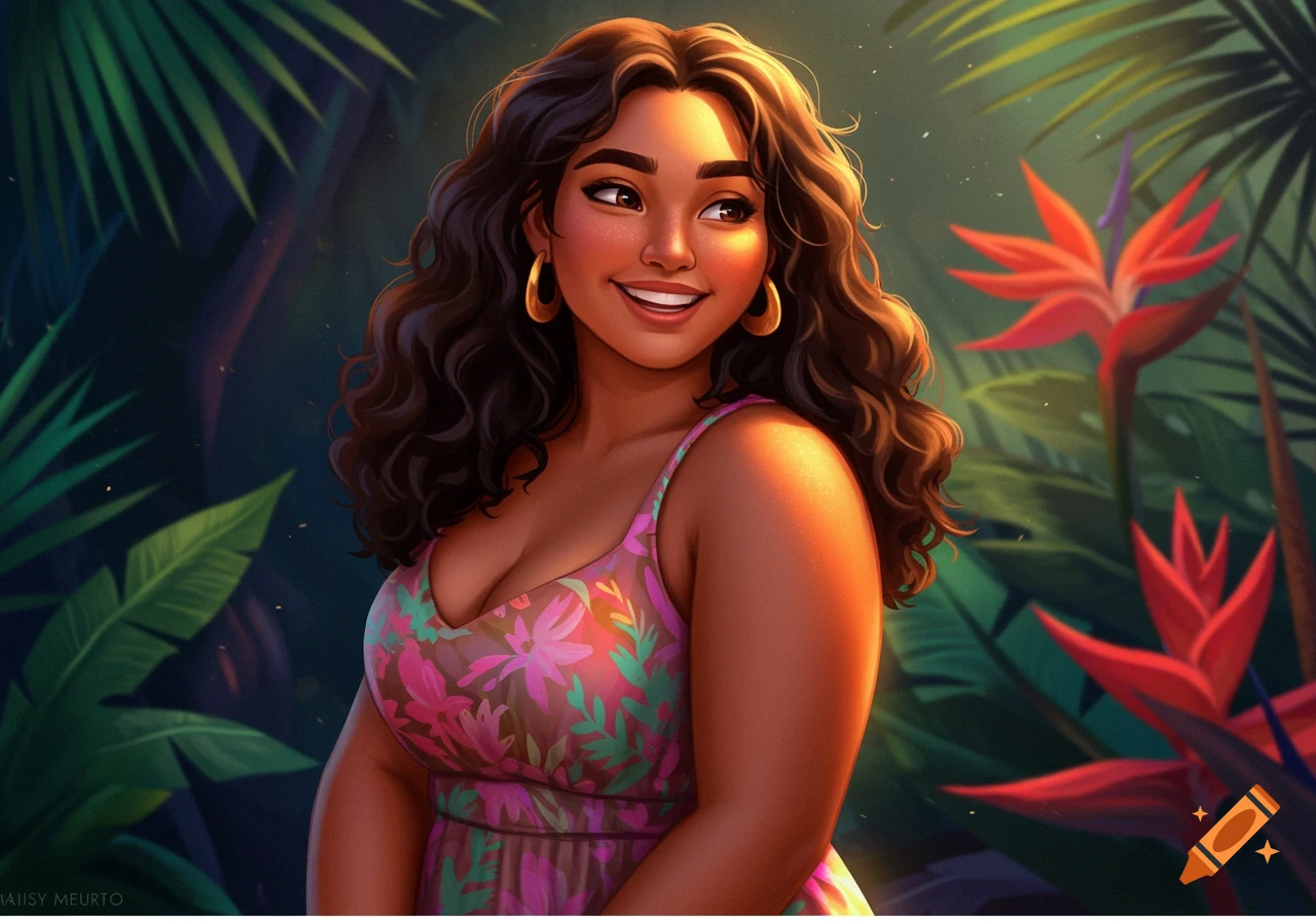 A smiling cartoon woman with long, curly brown hair and hoop earrings, wearing a floral dress in a lush tropical setting.