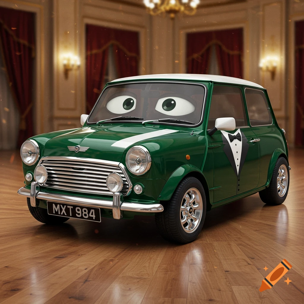 A green Mini Cooper with large cartoon eyes on the windshield wears a black tuxedo graphic, standing on a polished wooden floor.