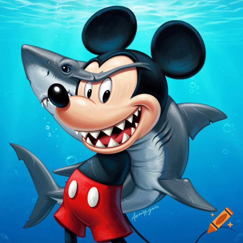 A cartoon Mickey Mouse with shark teeth, fins, and grey skin, grinning menacingly while swimming underwater.