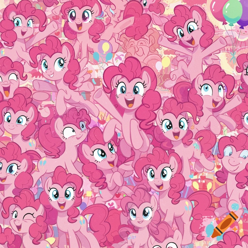 A dense, pink cartoon pattern featuring numerous joyful Pinkie Pie ponies with balloons and party decor.
