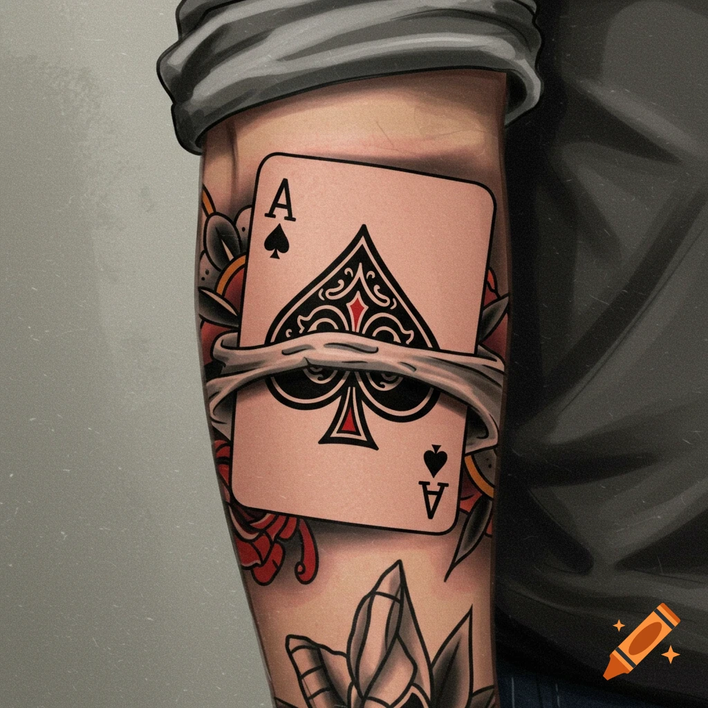 A close-up of a forearm with a traditional tattoo of an Ace of Spades playing card tucked under the sleeve.