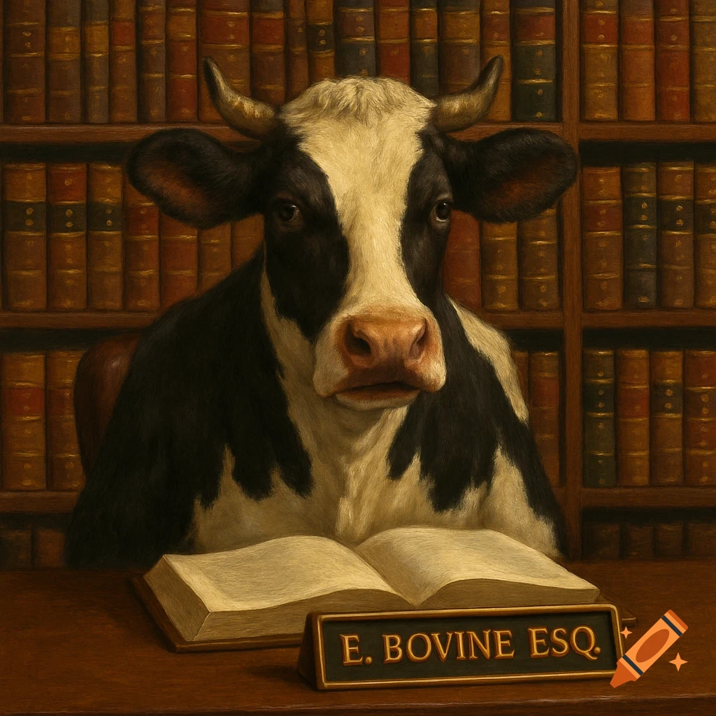 A realistic painting of a cow sitting at a desk in a library, with an open book and a name plaque reading 'E. Bovine Esq.' on the desk.