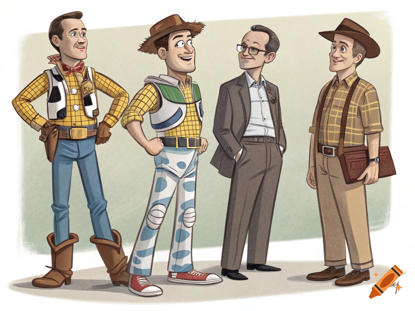 Cartoon illustration of four men resembling various Tom Hanks movie characters, including Woody from Toy Story, in different outfits.