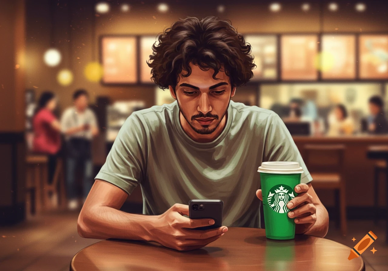An illustrated man with curly hair looks at his phone while holding a green Starbucks cup in a busy coffee shop.