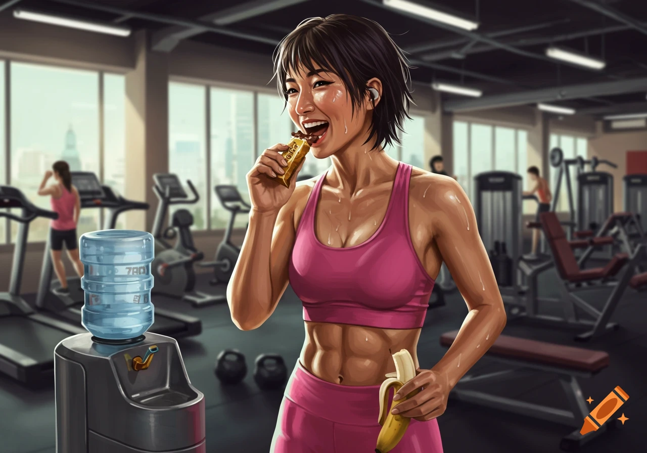A fit woman in a pink sports bra smiles while eating a snack bar and holding a banana in a gym setting. Sweat drips from her body.