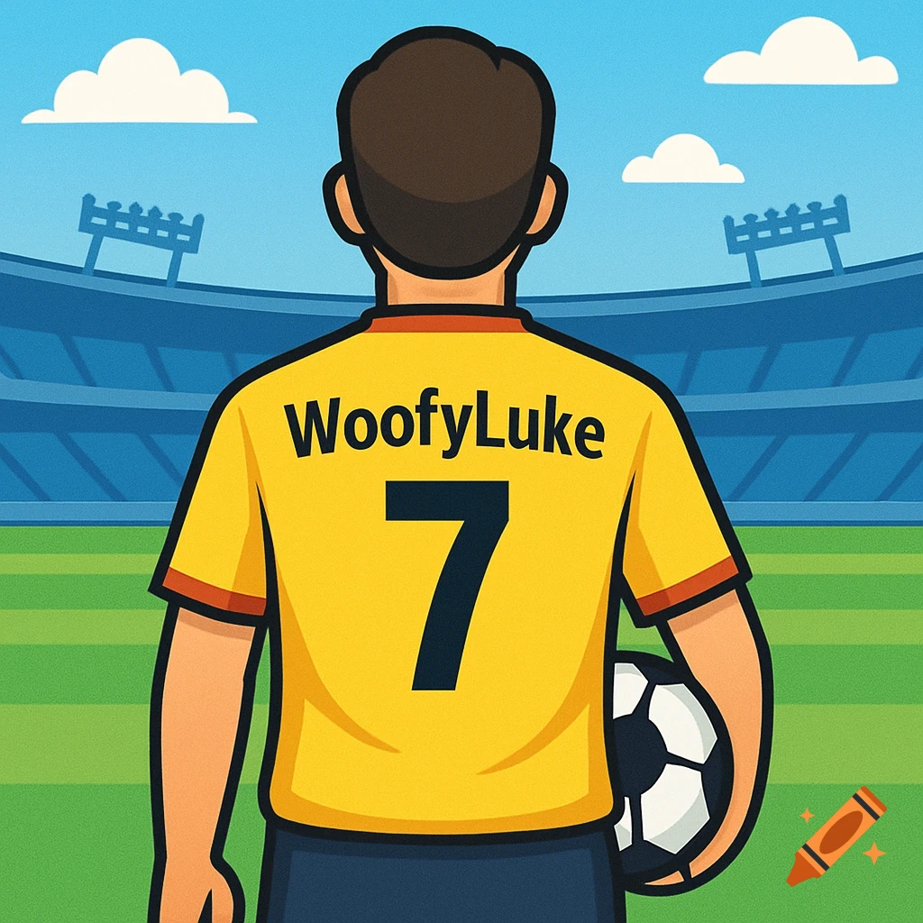 A clip art style illustration of a soccer player seen from behind, wearing a yellow jersey with 'WoofyLuke' and number 7, facing a stadium.