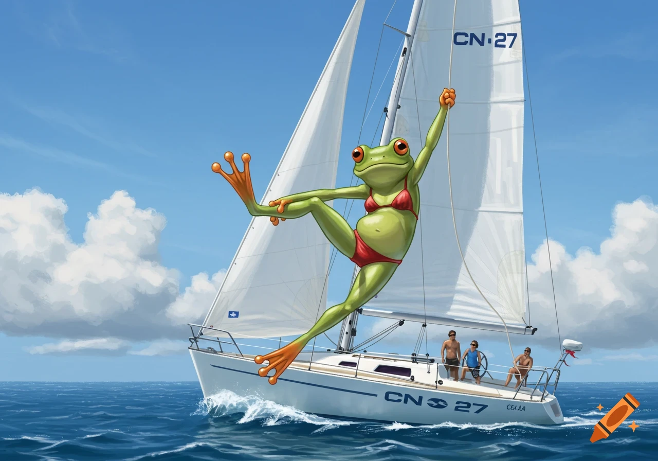 A smiling cartoon frog in a red bikini swings off the jib line of a sailboat on the blue ocean under a clear sky.