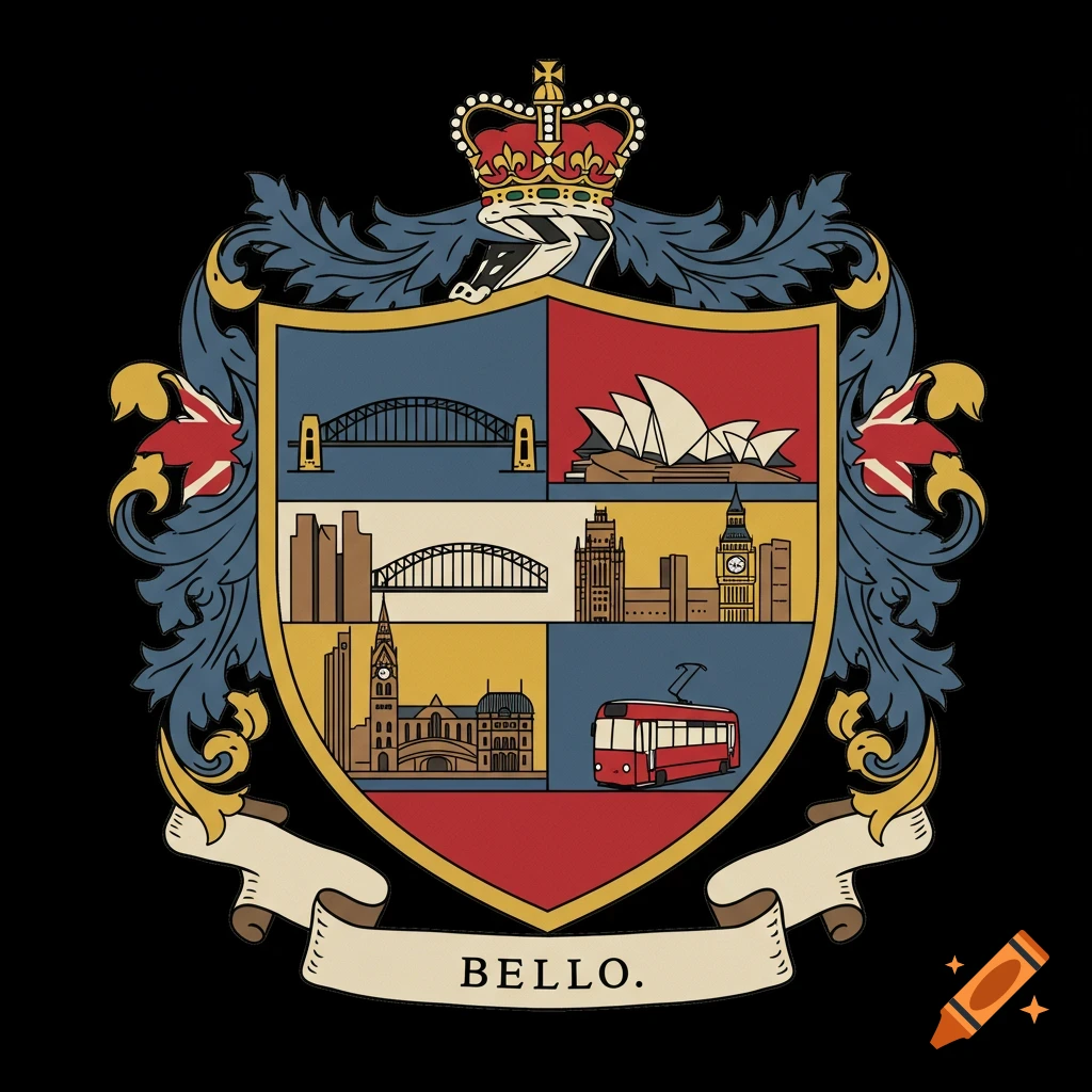 A colorful modern family crest illustration featuring a crown, a shield with various city landmarks like the Sydney Harbour Bridge, Opera House, Big Ben, and a tram, and a banner at the bottom with the word BELLO.