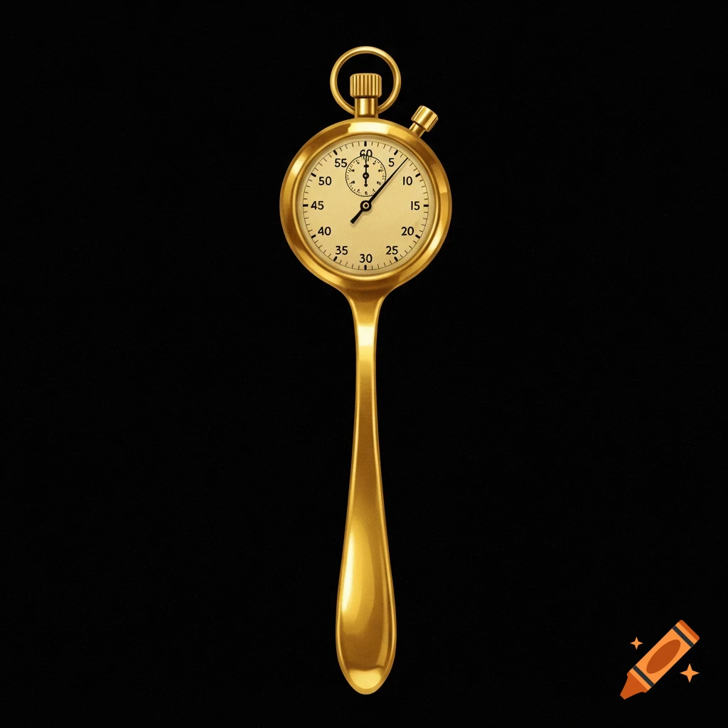A shiny golden spoon with a stopwatch face where the bowl should be, set against a black background.
