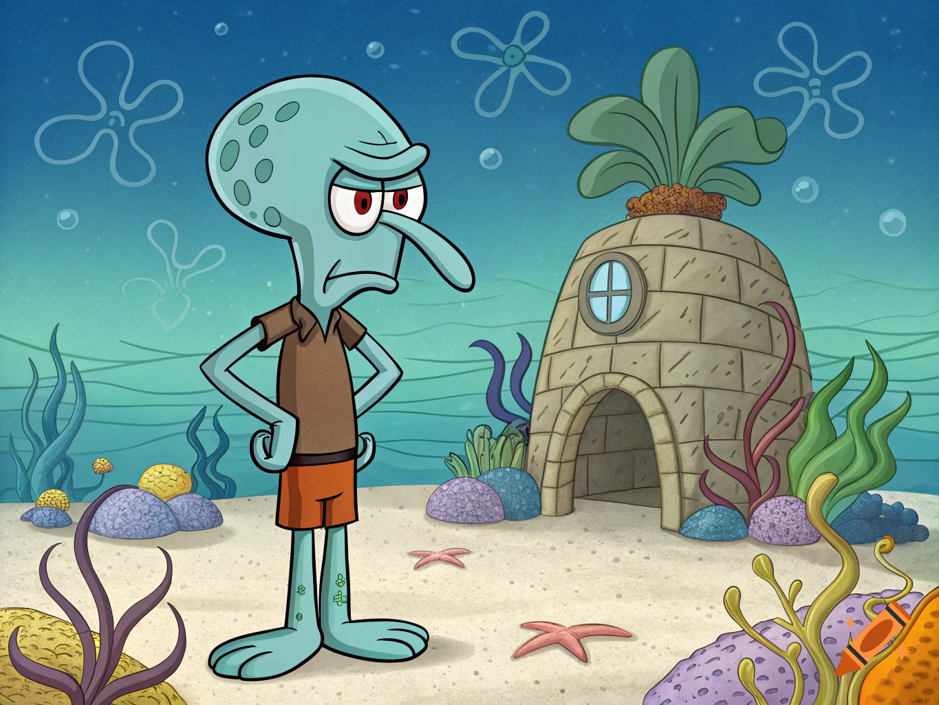 Squidward Tentacles stands grumpily in front of his Easter Island house in a colorful underwater cartoon scene.