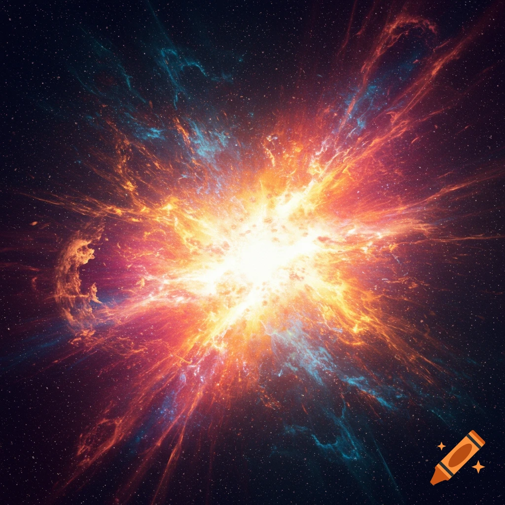 A bright, fiery orange and red cosmic explosion with blue tendrils, surrounded by stars in deep space.