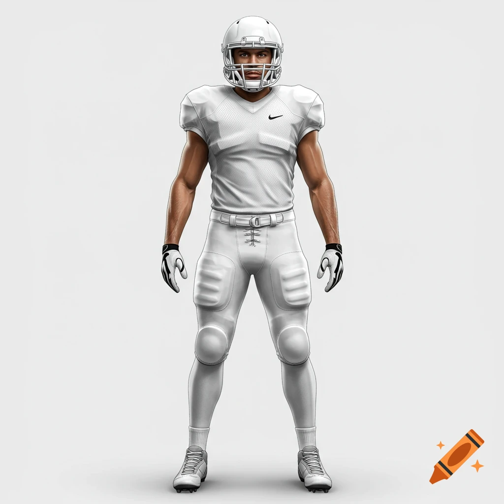 A detailed, realistic, full-body photo of an American football player in an all-white uniform with a white helmet and facemask, standing upright against a pure white background.