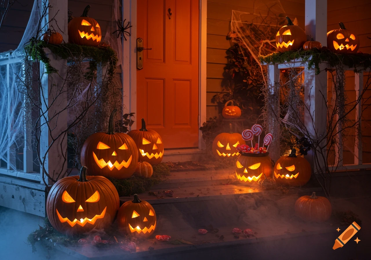 A dark orange front porch at night, decorated for Halloween with many glowing jack-o'-lanterns, mystical fog, spiderwebs, bare branches, and a cauldron full of candy.