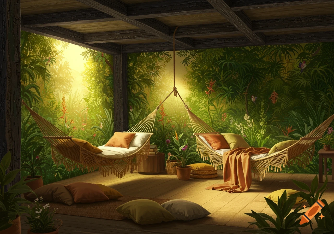 Serene tropical outdoor room with two hammocks, soft lighting, and lush green plants and trees.