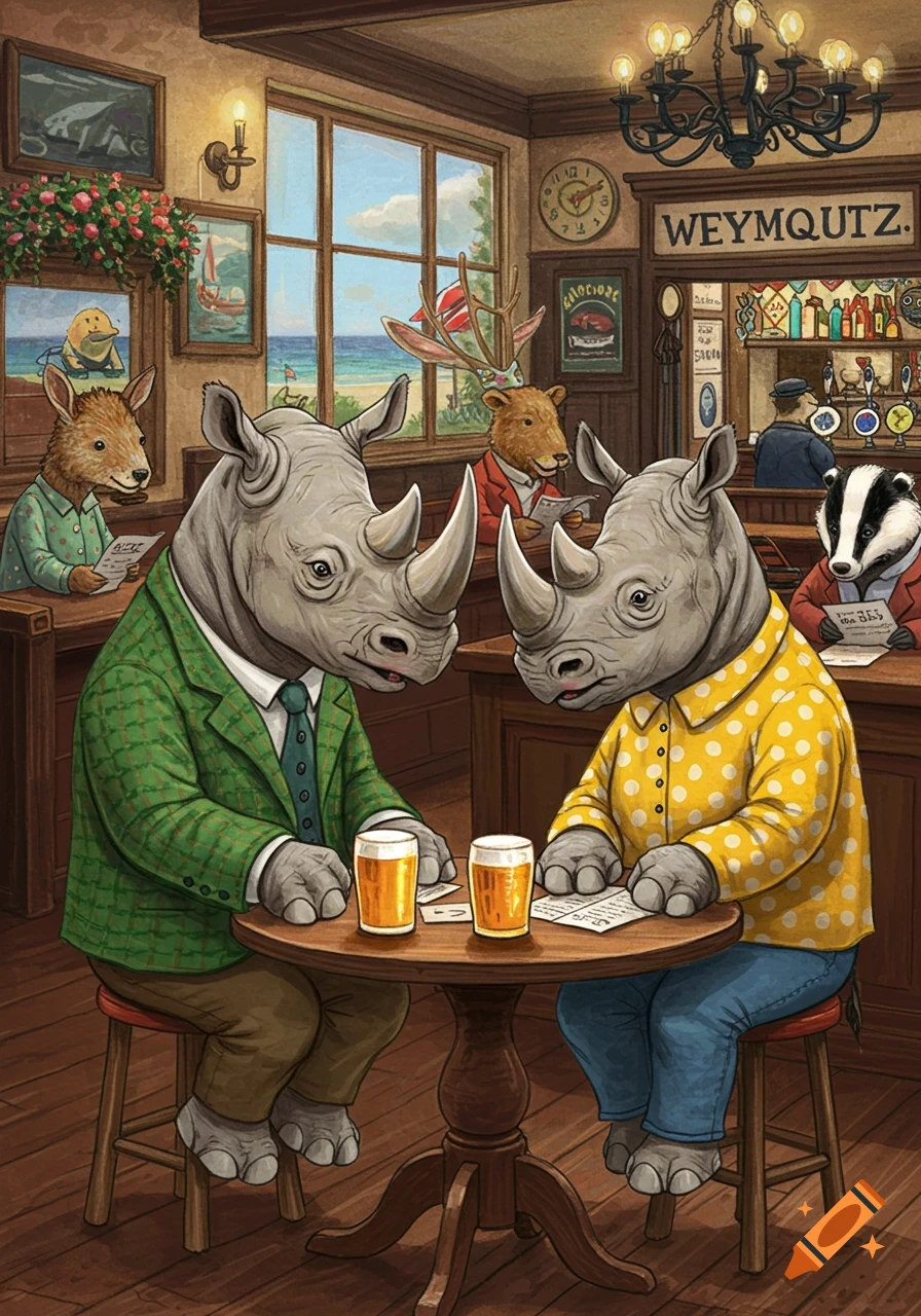An illustration of two rhinos in clothes drinking beer at a wooden table in a busy pub filled with other anthropomorphic animals.