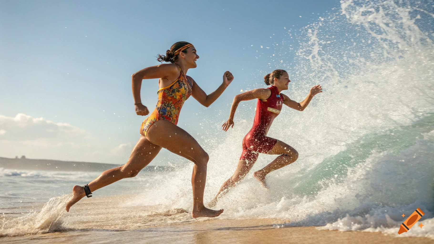 Two women in swimsuits sprint barefoot through ocean waves on a sunny beach, splashing water.